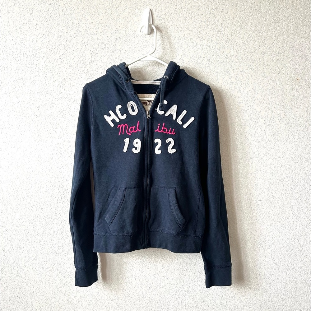 Hollister navy blue graphic zip up